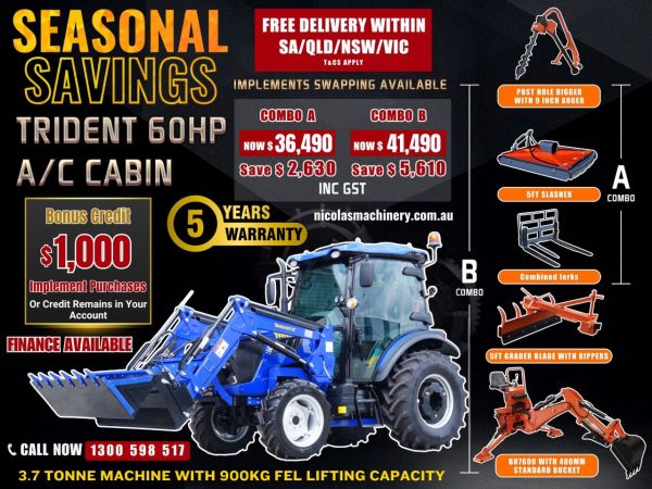 TRIDENT Seasonal Savings 60HP 4WD A/C CABIN TRACTOR WITH 4IN1 BUCKET COMBO DEAL 5 YEARS LABOUR AND PARTS WARRANTY AUSTRALIA WIDE DELIVERY & SUPPORT image
