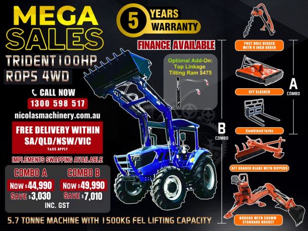 TRIDENT MEGA SALE 100HP 4WD CANOPY TRACTOR WITH 4IN1 BUCKET COMBO DEAL 5 YEARS LABOUR AND PARTS WARRANTY AUSTRALIA WIDE DELIVERY & SUPPORT image