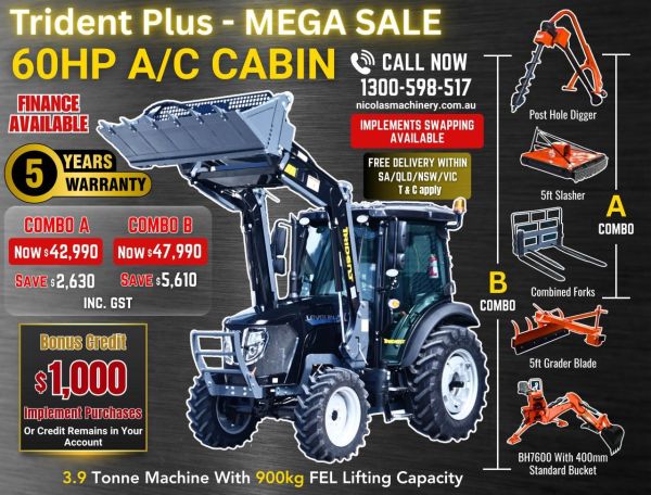 TRIDENT PLUS MEGA SALE SYNCHROMESH MODEL 60HP 4WD A/C CABIN TRACTOR WITH 4IN1 BUCKET COMBO DEAL 5 YEARS LABOUR AND PARTS WARRANTY AUSTRALIA WIDE DELIVERY & SUPPORT image
