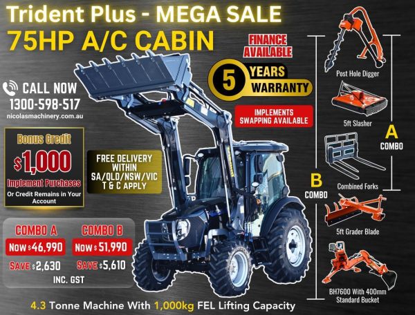 TRIDENT PLUS MEGA SALE SYNCHROMESH MODEL 75HP 4WD A/C CABIN TRACTOR WITH 4IN1 BUCKET COMBO DEAL 5 YEARS LABOUR AND PARTS WARRANTY AUSTRALIA WIDE DELIVERY & SUPPORT image