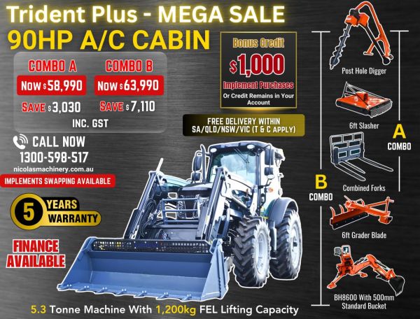 TRIDENT PLUS MEGA SALE SYNCHROMESH MODEL 90HP 4WD A/C CABIN TRACTOR WITH 4IN1 BUCKET COMBO DEAL 5 YEARS LABOUR AND PARTS WARRANTY AUSTRALIA WIDE DELIVERY & SUPPORT image