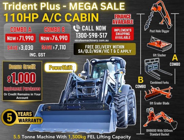 TRIDENT PLUS MEGA SALE POWERSHIFT MODEL 110HP 4WD A/C CABIN TRACTOR WITH 4IN1 BUCKET COMBO DEAL 5 YEARS LABOUR AND PARTS WARRANTY AUSTRALIA WIDE DELIVERY & SUPPORT image
