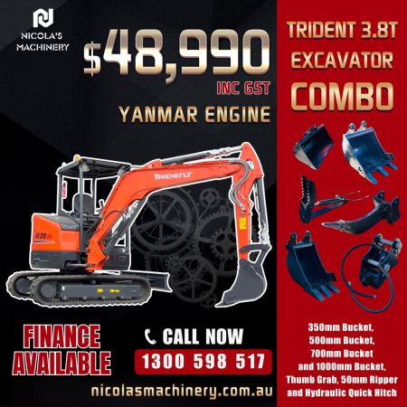 TRIDENT 3.8T EXCAVATOR WITH 350MM, 500MM, 700MM AND 1000MM BUCKET, THUMB GRAB, RIPPER, QUICK HITCH image