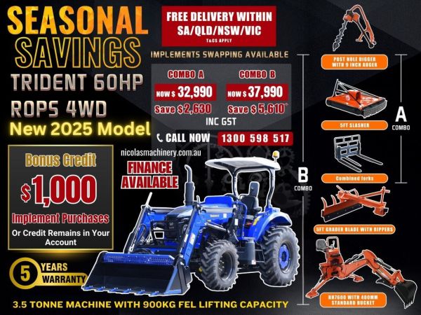 [2025 Model] TRIDENT 60HP 4WD CANOPY TRACTOR WITH 4IN1 BUCKET COMBO DEAL 5 YEARS LABOUR AND PARTS WARRANTY AUSTRALIA WIDE DELIVERY & SUPPORT image