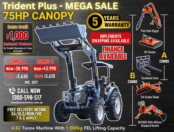 TRIDENT PLUS MEGA SALE SYNCHROMESH MODEL 75HP 4WD CANOPY TRACTOR WITH 4IN1 BUCKET COMBO DEAL 5 YEARS LABOUR AND PARTS WARRANTY AUSTRALIA WIDE DELIVERY & SUPPORT image