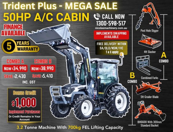 TRIDENT PLUS MEGA SALE SYNCHROMESH MODEL 50HP 4WD A/C CABIN TRACTOR WITH 4IN1 BUCKET COMBO DEAL 5 YEARS LABOUR AND PARTS WARRANTY AUSTRALIA WIDE DELIVERY & SUPPORT image