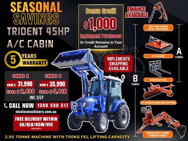 TRIDENT SEASONAL SAVINGS 45HP 4WD A/C CABIN TRACTOR WITH 4IN1 BUCKET COMBO DEAL 5 YEARS LABOUR AND PARTS WARRANTY AUSTRALIA WIDE DELIVERY & SUPPORT image