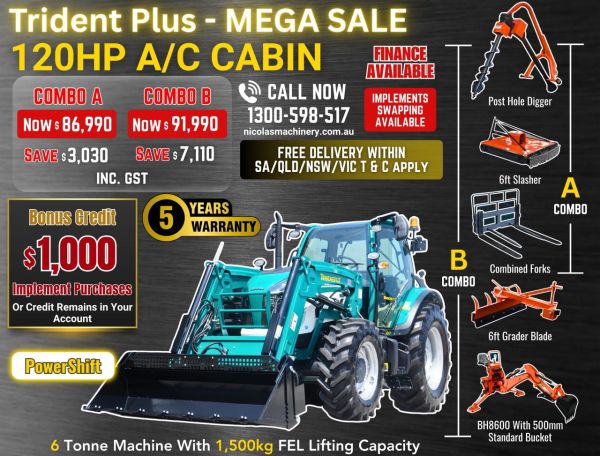 TRIDENT PLUS 120HP POWERSHIFT 4WD A/C CABIN TRACTOR WITH 4IN1 BUCKET COMBO DEAL 5 YEARS LABOUR AND PARTS WARRANTY AUSTRALIA WIDE DELIVERY & SUPPORT image