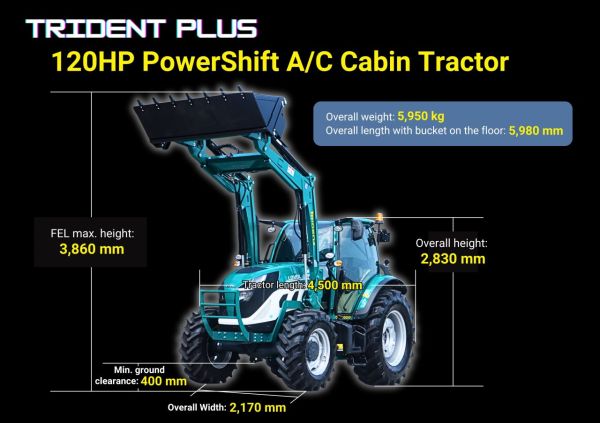 TRIDENT PLUS 120HP POWERSHIFT 4WD A/C CABIN TRACTOR WITH 4IN1 BUCKET (POWER SHUTTLE & 1,500KG FRONT LOADER LIFTING CAPACITY) 5 YEARS LABOUR AND PARTS WARRANTY AUSTRALIA WIDE DELIVERY & SUPPORT image