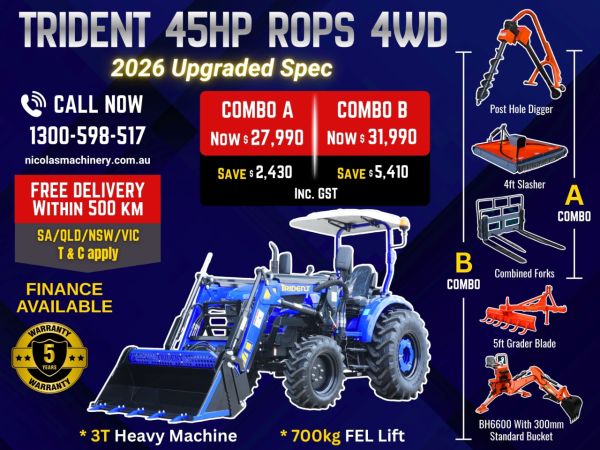 TRIDENT NEW 2026 MODEL 45HP 4WD CANOPY TRACTOR WITH 4IN1 BUCKET COMBO DEAL 5 YEARS LABOUR AND PARTS WARRANTY AUSTRALIA WIDE DELIVERY & SUPPORT image