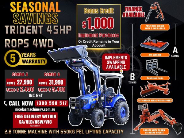 TRIDENT SEASONAL SAVINGS 45HP 4WD CANOPY TRACTOR WITH 4IN1 BUCKET COMBO DEAL 5 YEARS LABOUR AND PARTS WARRANTY AUSTRALIA WIDE DELIVERY & SUPPORT image