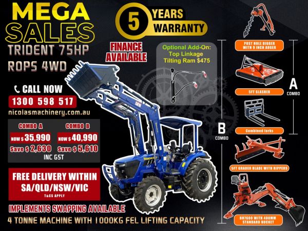 TRIDENT MEGA SALE 75HP 4WD CANOPY TRACTOR WITH 4IN1 BUCKET COMBO DEAL 5 YEARS LABOUR AND PARTS WARRANTY AUSTRALIA WIDE DELIVERY & SUPPORT image